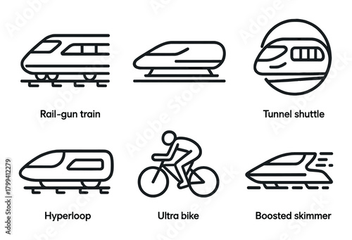Futuristic transportation icons featuring trains, hyperloop, and ultra bike