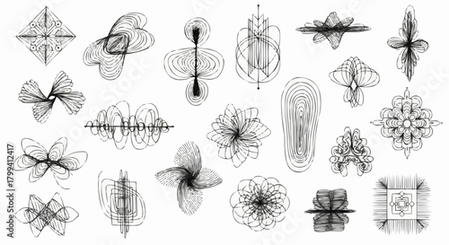 Collection of abstract black line drawings on white background with various geometric shapes and patterns
