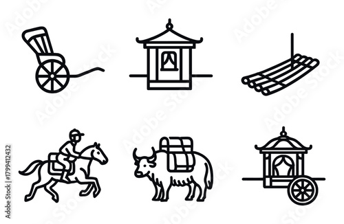 Traditional asian transportation icons: carriage, horse rider, yak, rickshaw, hammock, pavilion