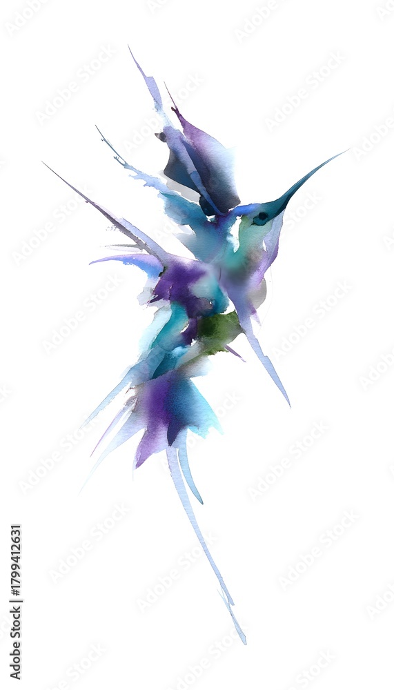 Obraz premium Elegant hummingbird watercolor artwork captures graceful flight in vibrant blues purples greens