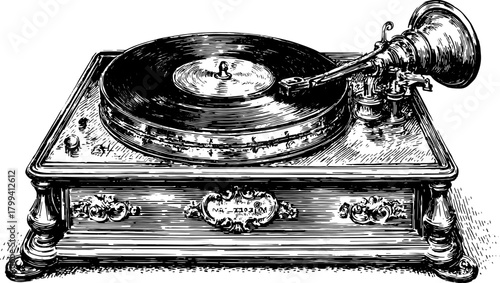 Vintage record player in black and white outline style. Detailed vector illustration showcasing classic music equipment in a decorative design set.