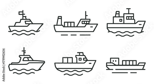Six minimalist ship icons on olive background