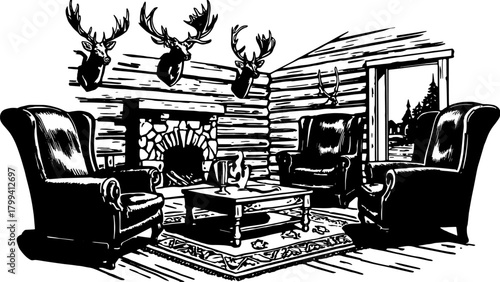 Antique room set featuring furniture silhouettes, including chairs and a table, with a fireplace. This vintage decor vector illustration captures a cozy cabin atmosphere.