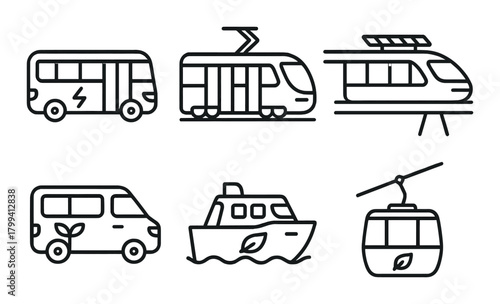 Eco-friendly transportation icons: bus, train, tram, van, boat, cable car