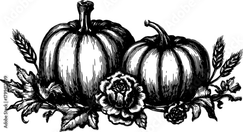Pumpkin and flower in black and white. Detailed vintage botanical illustration set, perfect for decorative use in various designs.