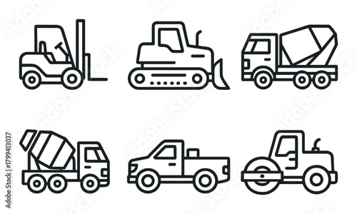 Icon set of construction vehicles: bulldozer, forklift, cement truck, pickup truck