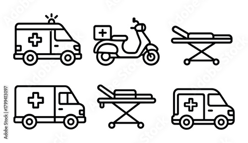 Medical vehicle icons: ambulance, scooter, stretcher - emergency tools overview