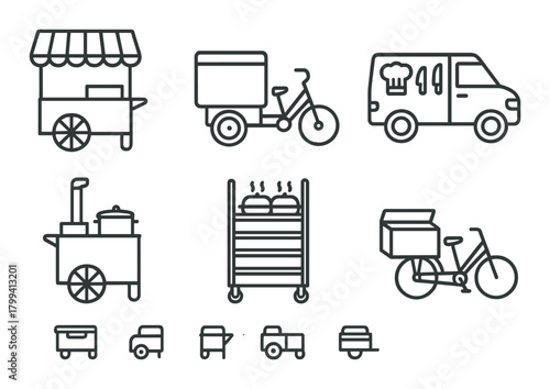 Collection of minimalist food delivery and street vendor icons in gray tones