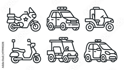 Monochrome outline of various emergency and utility vehicles