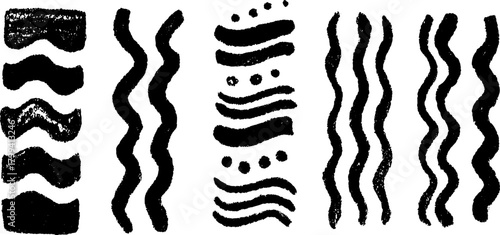 Black hand-drawn silhouettes and doodles create unique patterns. This modern vector illustration features various lines and shapes in a creative set.