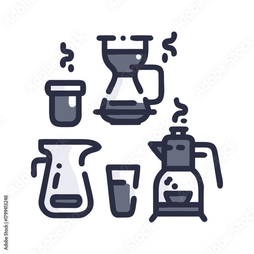 Coffee Brewing Methods and Equipment Icon Set