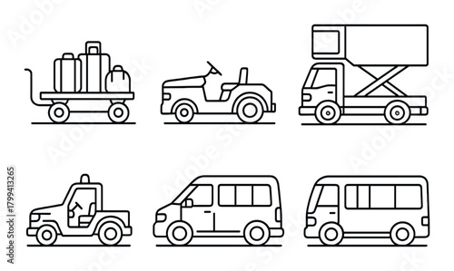 Minimalistic outline of various vehicles including luggage cart, jeep, and campers