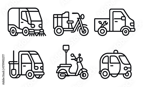 Set of icons depicting various urban utility and delivery vehicles