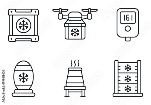 Innovative cold storage technology icons on metallic background