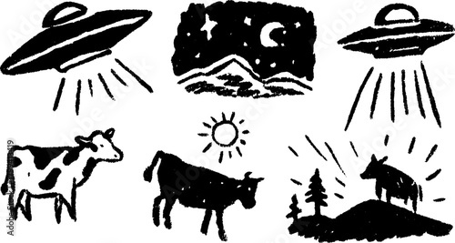 UFO silhouette with starlight above mountains and a cow. Hand-drawn vector illustration set in a black outline style.