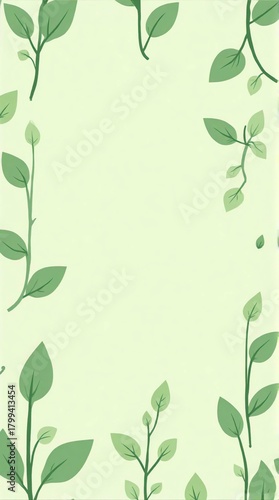 A vertical illustration featuring stylized green plant stems and leaves, creating a decorative border.