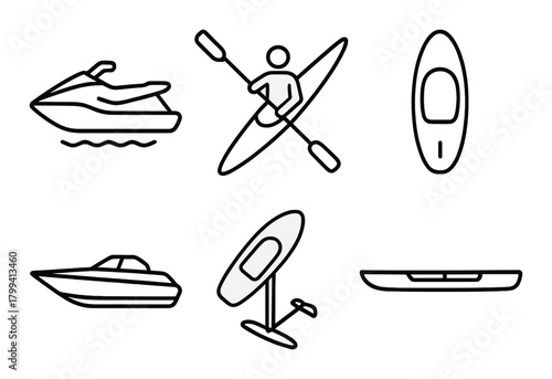 Minimalist line art of watercraft including jet ski, kayak, and sailboat