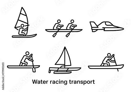 Silhouette icons of water sports and transportation