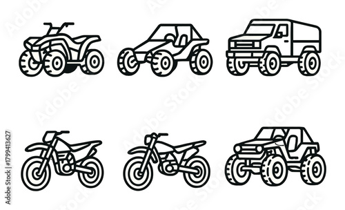 Outlined off-road vehicles collection on dark background