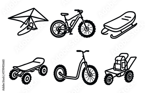 Silhouette of outdoor recreational vehicles and gear