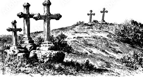 Cross and tombstone set on a grassy hill with a cemetery landscape. Black and white vintage style vector illustration.