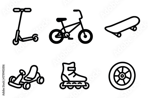 Silhouette icons of scooter, bicycle, skateboard, go-kart, rollerblade, wheel
