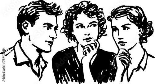 Group of people in a thoughtful conversation. Sketch-style portrait in black and white vector illustration set.