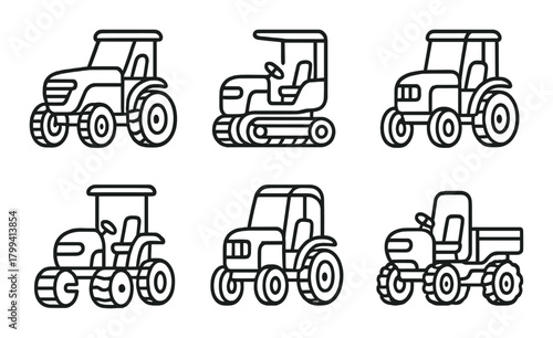Set of six unique tractor outlines on rustic brown background
