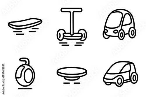 Minimalist icons of modern electric transportation: skateboard, segway, scooter, car, unicycle, hoverboard