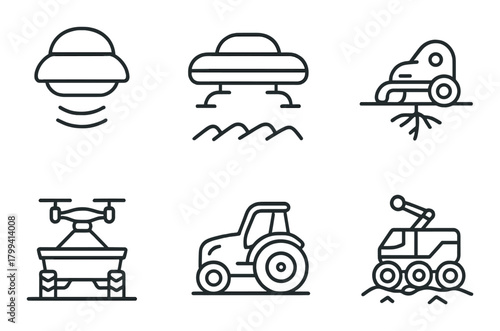 Futuristic farming vehicles: tractor, drone, and advanced technology icons