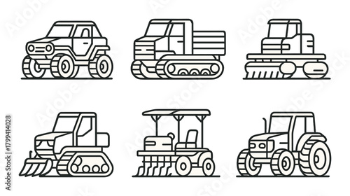 Set of heavy duty construction vehicles on brown gradient background