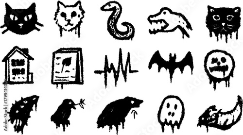 Set of black vector illustrations featuring cats, dogs, snakes, a house, bats, and ghosts. Includes simple and abstract drawing elements.