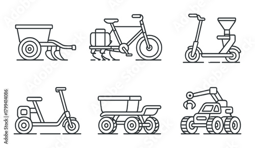 Minimalist line art of various modern vehicles on textured background