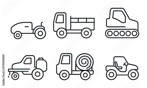 Set of six farm vehicle icons on black background