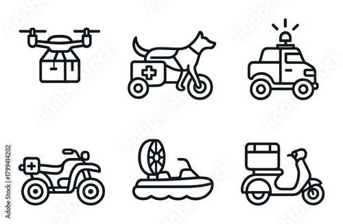 Outline icons of drone, rescue dog, emergency vehicles, and transportation methods