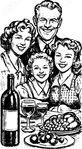 Family gathering around a dinner table with wine and food. Vintage vector illustration showcasing togetherness and warmth in a set.
