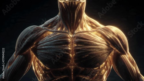 Futuristic muscle anatomy visualization highlighting muscular structure and lighting effects in a digital art style