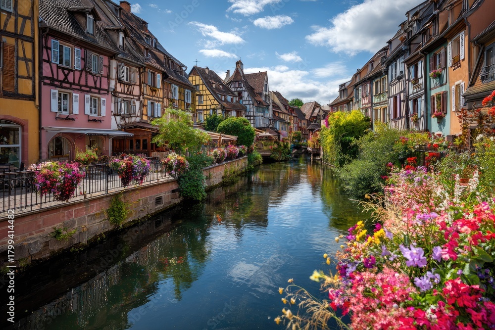 Fototapeta premium Scenic view of colorful half-timbered buildings flanking a canal filled with reflections