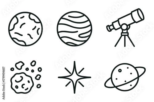 Space icons: planets, telescope, asteroid, star, saturn symbol set