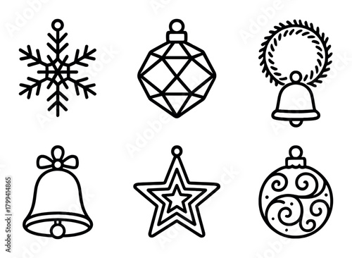 Set of christmas ornament icons: bells, snowflake, star, wreath, bauble