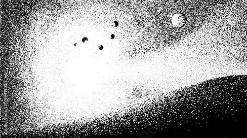 Space illustration featuring a planet and moon in a black and white style. Abstract vector illustration with textured background creating a cosmic scenery.