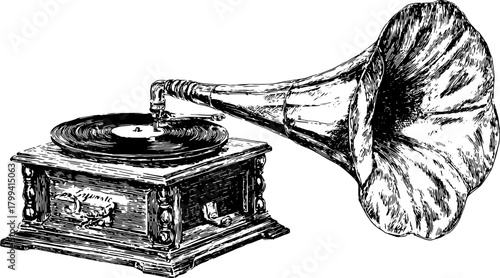 Vintage gramophone with a record. Hand-drawn vector illustration showcasing a classic music device set in detailed black and white.