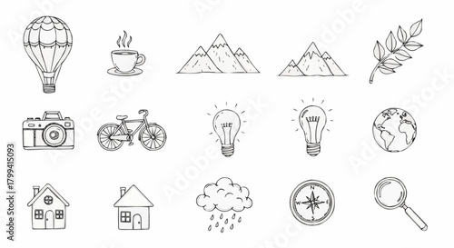 Illustration showing a variety of hand drawn objects including travel, nature, and everyday items
