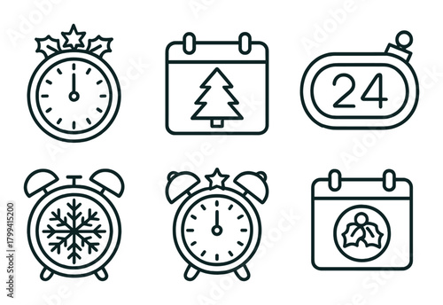 Christmas-themed clock and calendar icons on green background