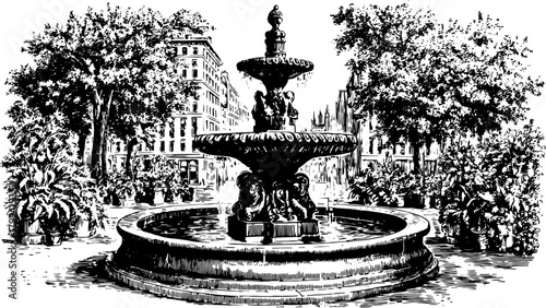 Fountain in a park surrounded by greenery and detailed architecture. Black and white vector illustration highlighting urban scenery.