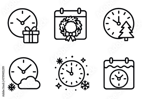 Minimalist holiday icons featuring clocks, gift, tree, wreath, and snowflakes