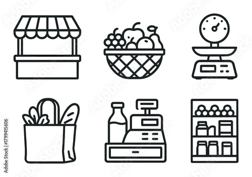 Grocery store elements: market stall, fruit basket, scale, shopping bag, cash register, shelves
