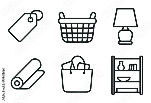 Minimalist icon set with shopping and home essentials on textured background