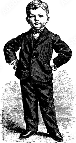 Vintage boy in a suit. Engraved vector illustration in black outline, showcasing classic details in a retro set.