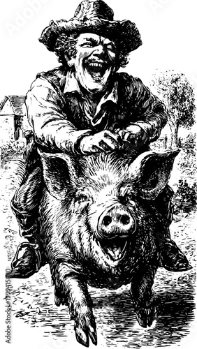 Man riding a pig in an antique engraving style. A humorous rural scene depicted in black outline, showcasing a whimsical character in a vintage vector illustration.